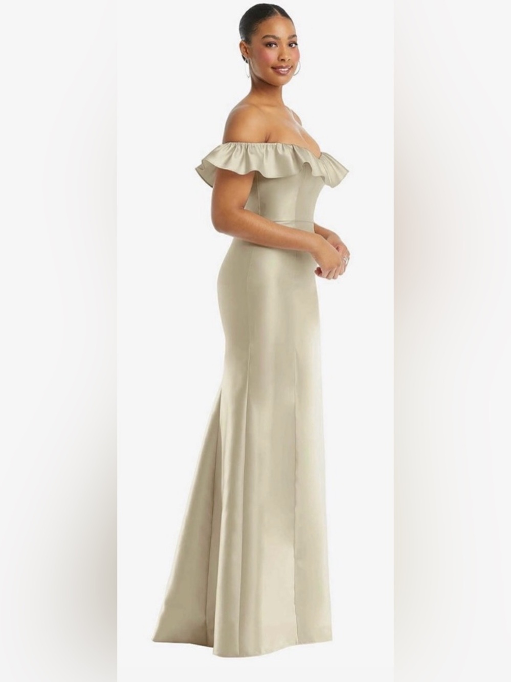 Alfred Sung Off the Shoulder Ruffle Neck Satin Trumpet Gown in Champagne - Picture 3 of 15
